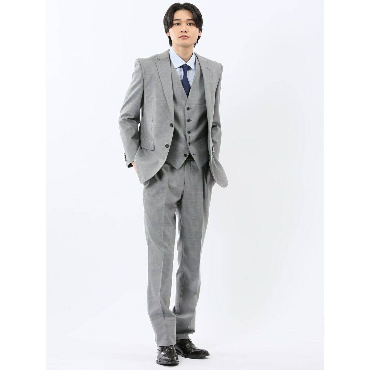 【光沢 ウール混 ストレッチ】タカキュー 2ボタン3ピース セットアップスーツ ストライプグレー／タカキュー（TAKA-Q）