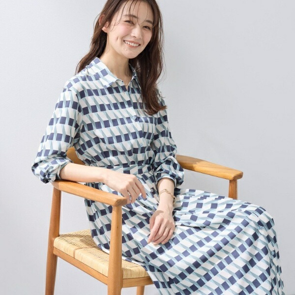 【洗える／2WAY】ベルト付き ジオメトリック柄 シャツワンピース／インディヴィ（INDIVI）