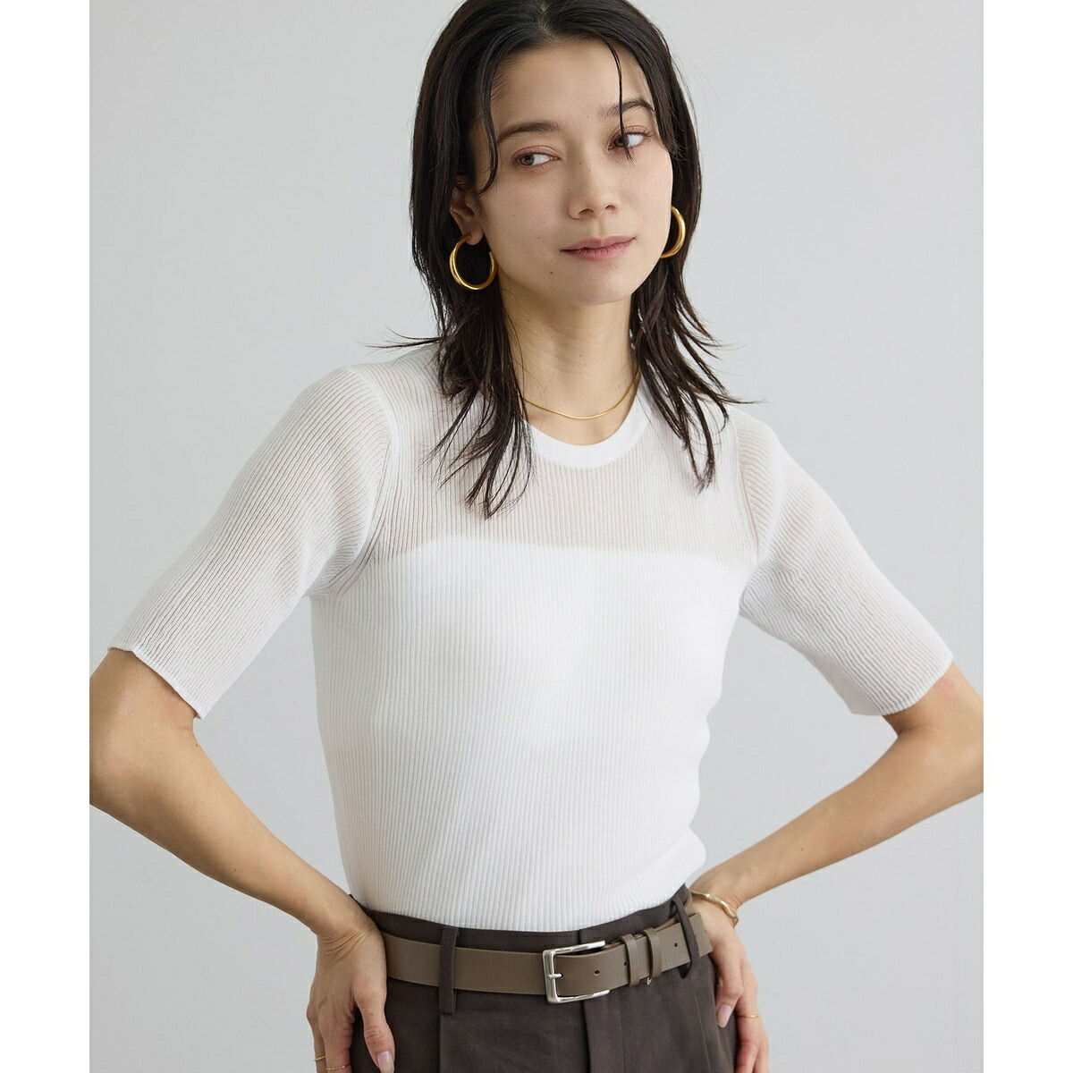 【WEB押さえる】シアーリブニットハーフスリーブプルオーバー／赤ちょうちん アダム エ ロペ（SALON adam et rope\u0027 ）
