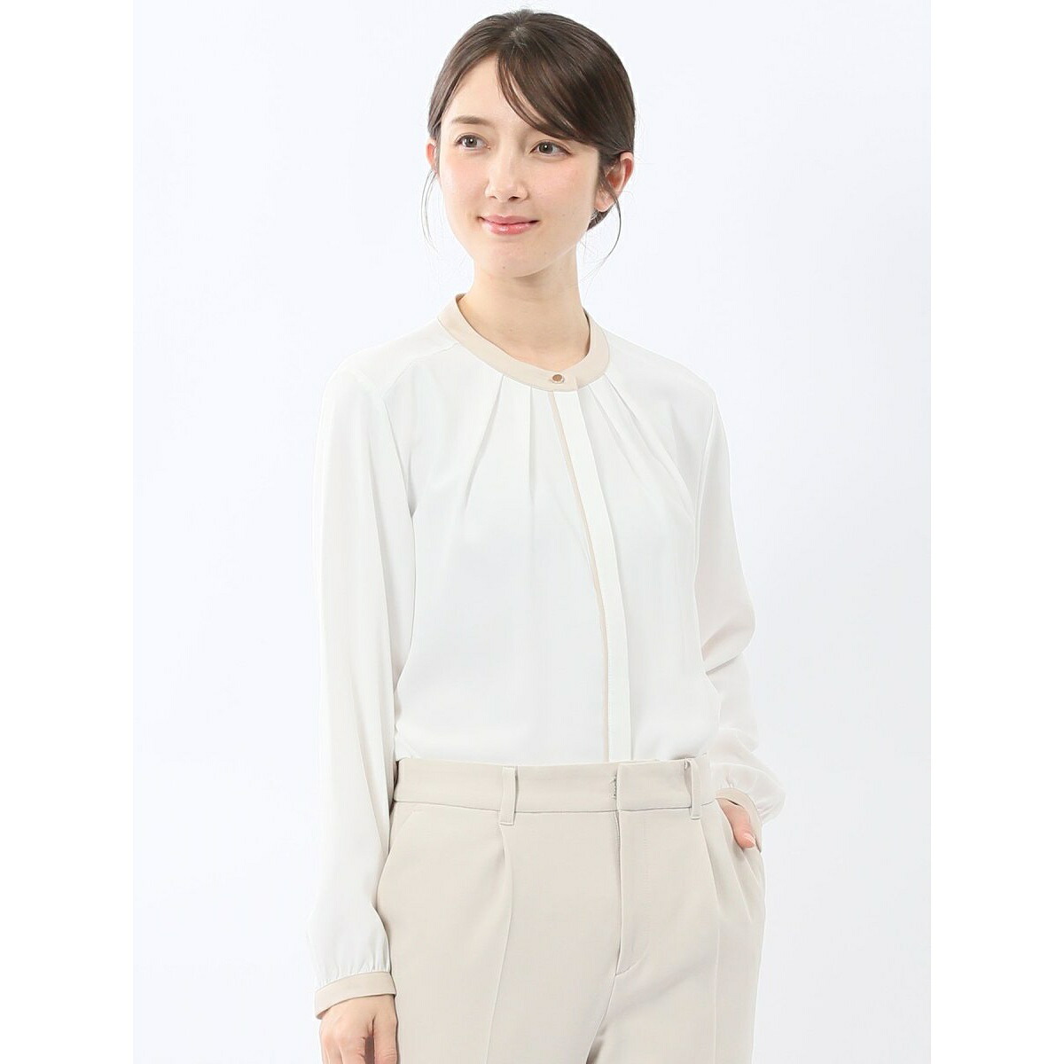 【前開き シフォン】バンドカラー配色 比翼 長袖ブラウス／m.f.エディトリアル（m.f.editorial）