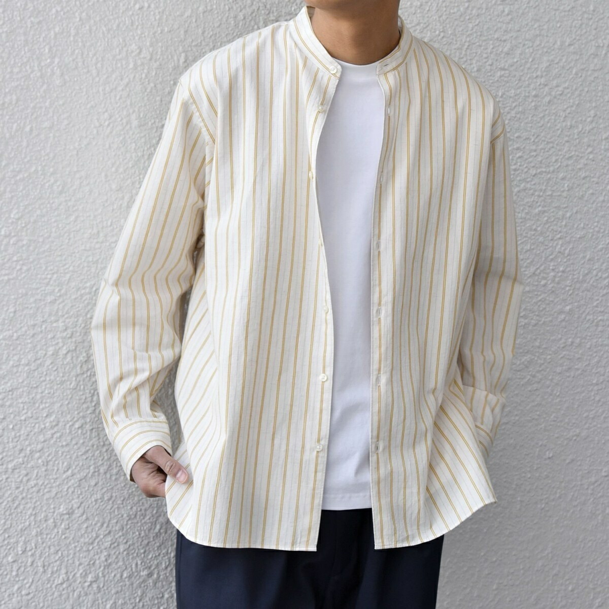SHIPS any:〈洗濯機可能〉コットン/リネン ストライプ バンドカラー シャツ 26SS◇／シップス エニィ（SHIPS any）