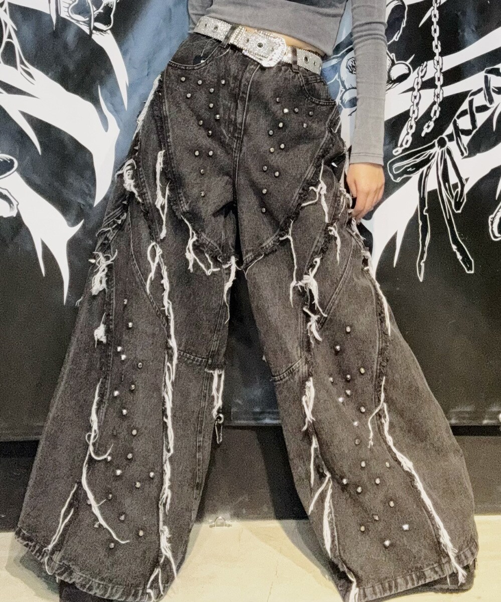 OZZY O(オジィーオー)スタッズデニム ワイドバギー バルーン バレル パンツ／バックステージパス（backstagepass）