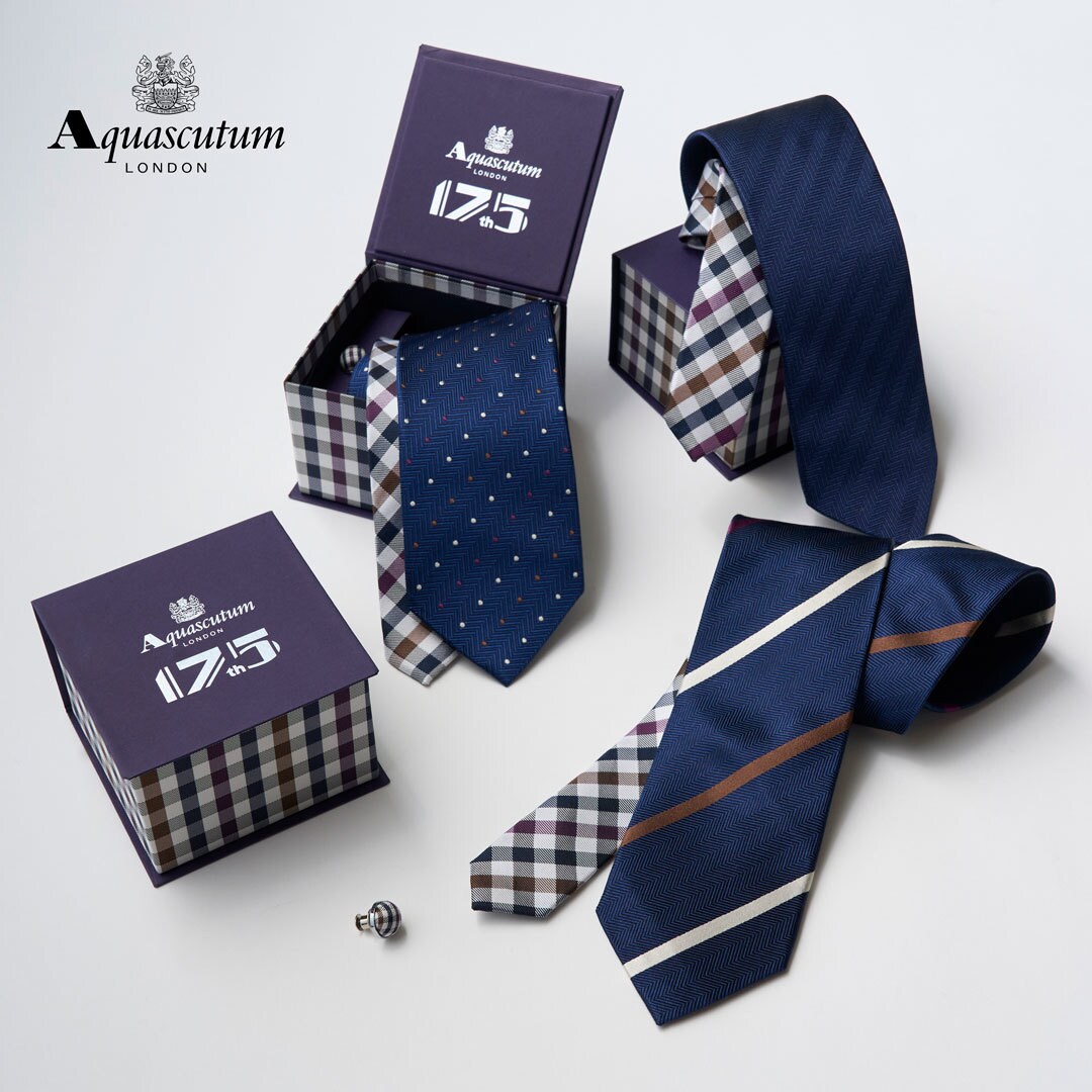 【ネクタイ】アクアスキュータム｜175th ラペルピン BOXセット クラブチェッククレリックタイ／アクアスキュータム（AQUASCUTUM）