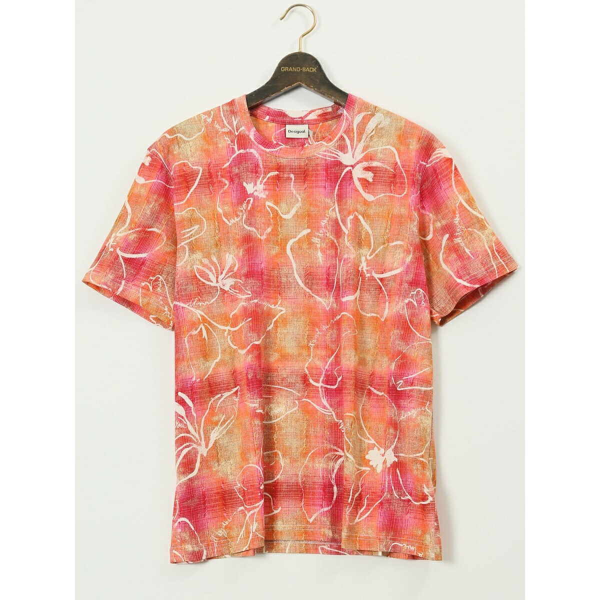 【大きいサイズ】デシグアル ストレッチ 綿ジャージー プリント クルーネック 半袖 Tシャツ／グランバック（GRAND-BACK）