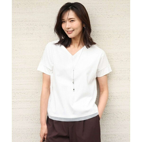 [当たること冷感/洗える]ストライプチュールカットソー／MK ミッシェルクラン（MK MICHEL KLEIN ） トップス-Tシャツ・カットソー-レディースファッション