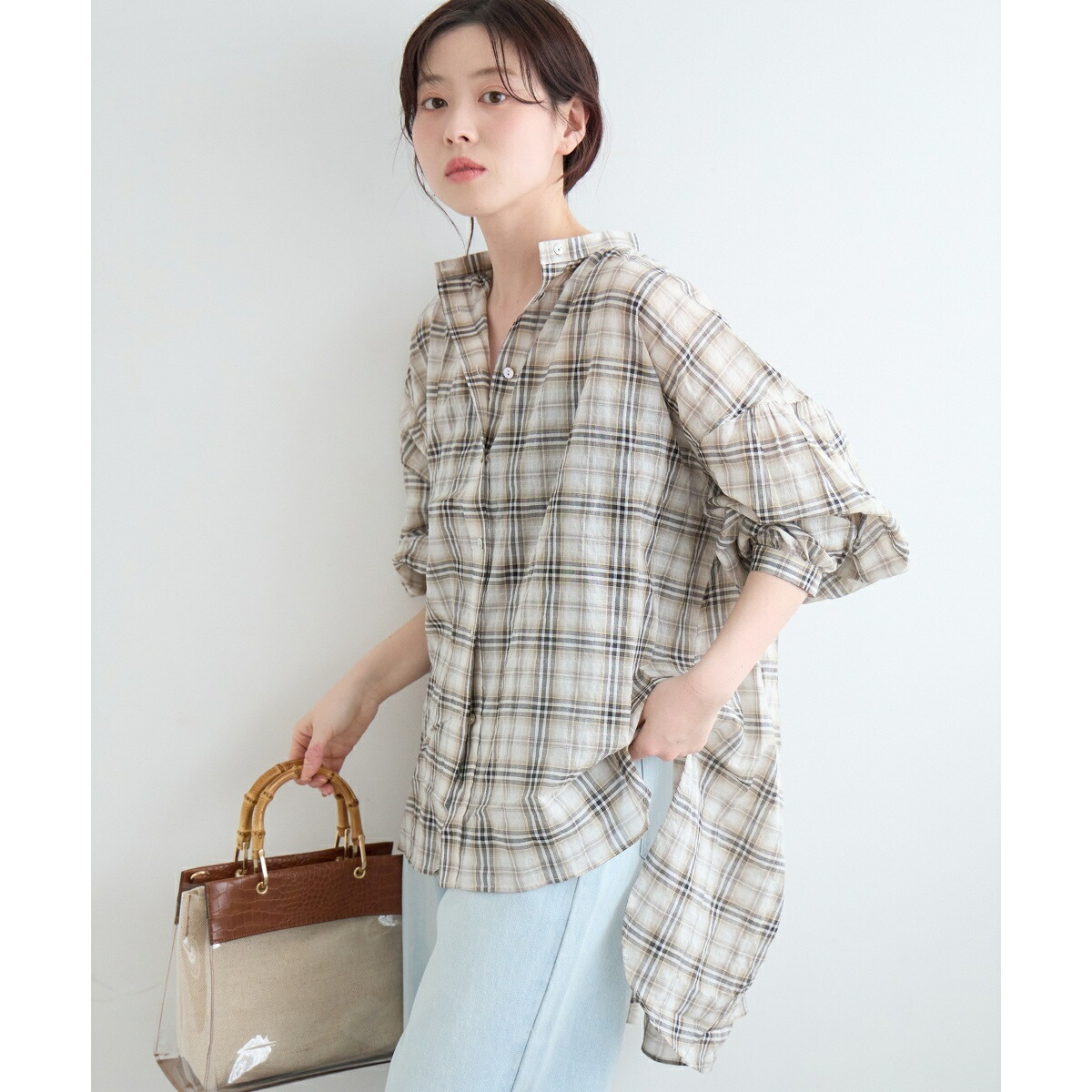 《WEB限定アイテム》シアーガーゼバックギャザーチェックシャツ／ルクールブラン（le.coeur blanc）