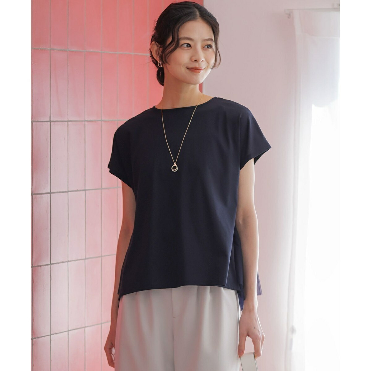 GIZAコットンチュールコンビ カットソー／短い出し物（KUMIKYOKU） Tシャツ・カットソー-トップス