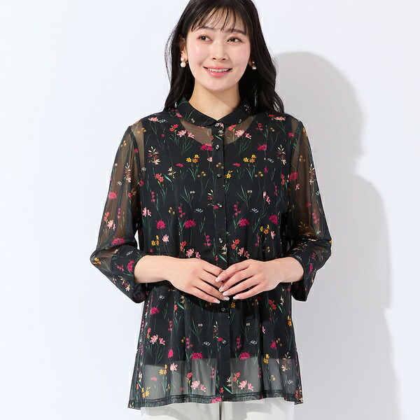 【洗える・アンサンブル可・L～4Lサイズ】ボタニカル柄チュールシャツ／ミゼール（missel）
