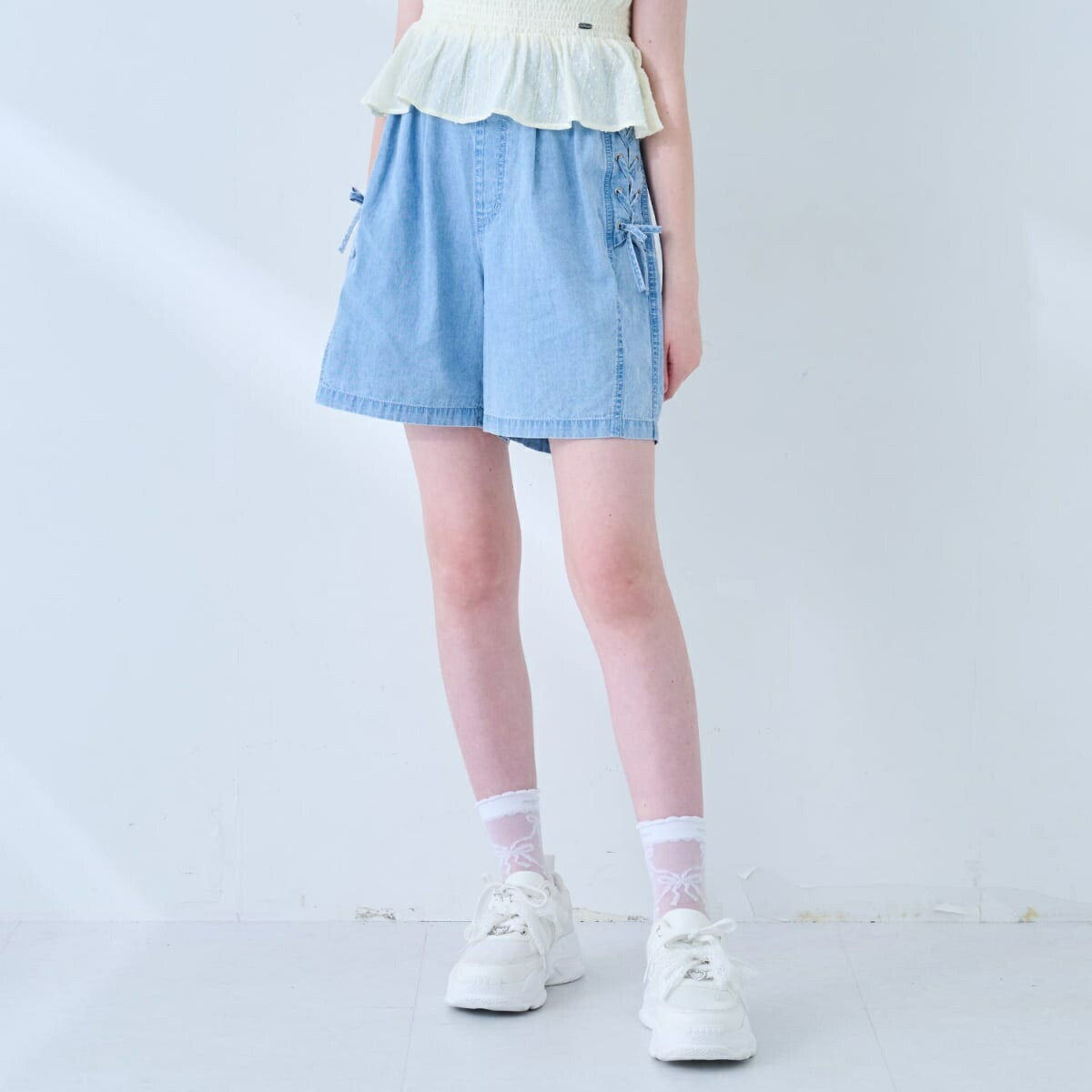 新品　未使用　メゾピアノ　トップス　キュロットパンツ　半ズボン　130　140 レースアップリボンショートパンツ／メゾピアノジュニア（mezzo piano