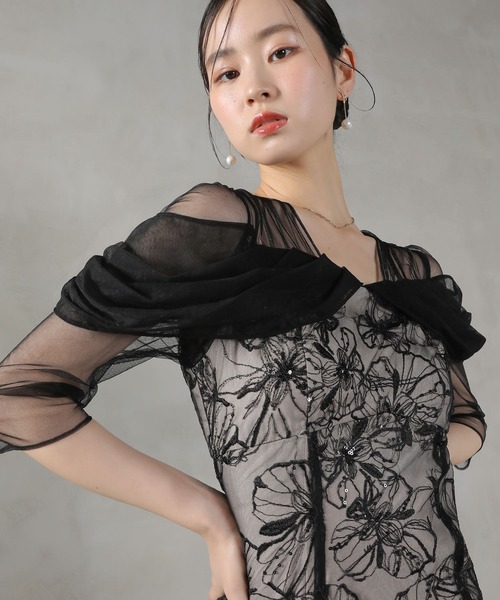 花柄刺繍スパンコールチュールドレープオフショル風ドレス／カナ（kana）｜丸井（マルイ）店 14,839円