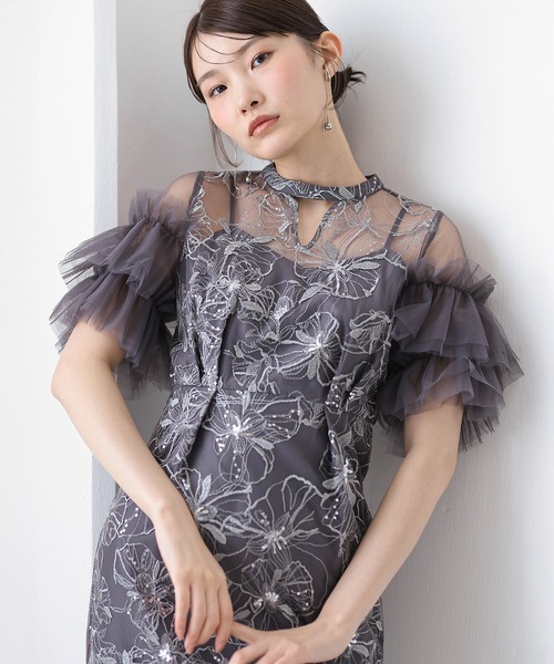 花柄刺繍スパンコールレースチュールフリルスリーブペンシルドレス/カナ(kana)|丸井(マルイ)店