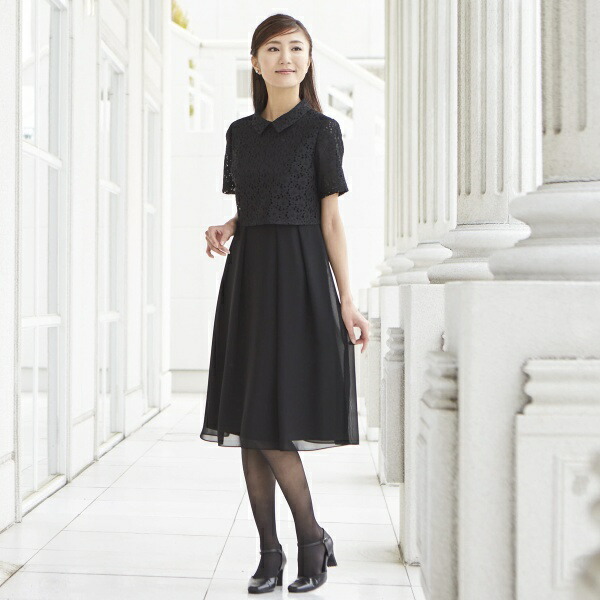 レディースファッション ワンピース 定休日以外毎日出荷中 夏用ブラックフォーマル レースとシフォンの襟付きツーピース風ワンピース 喪服 レディース ソリテール Soriteal Coloradomaternalmentalhealth Org