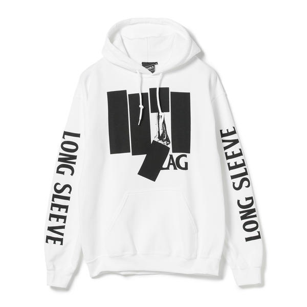 white hoodie with flags on sleeves