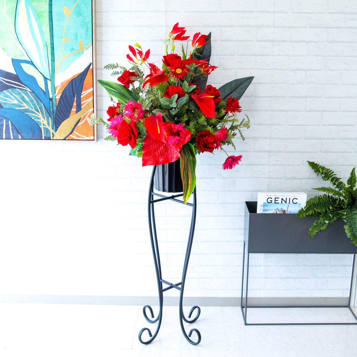 造花スタンド花 お祝い立札無料 造花 フラワーアレンジメント 開店祝い フラワースタンド Pa338 Sen90 造花スタンドアレンジ ローズ ガーベラ グロリオサリリー アンスリウム フィトニア ストレチアリーフ セクショナルスタンド Maf Gov Ws