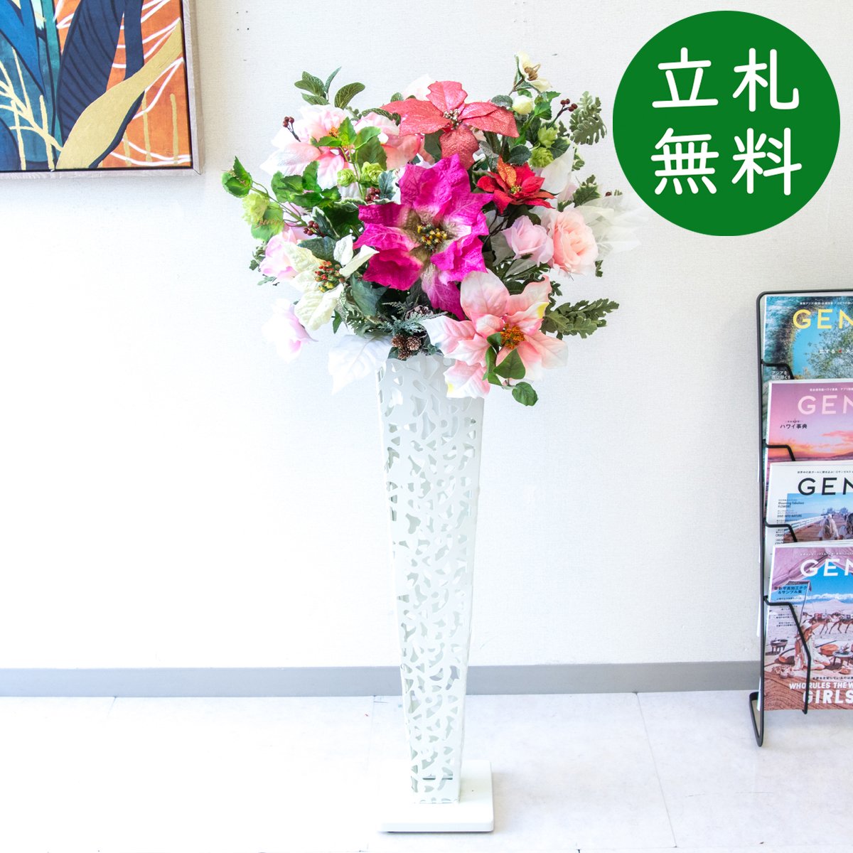 造花 スタンド 花 H約105cm / 開店祝い 開業祝い 店舗装飾 フェイクフラワー アーティフィシャルフラワー サロン 受付 店舗内装 立札無料/(ポインセチア・ローズ(バラ)/アイアンスタンド｜造花と人工観葉の店舗装飾 PP-SHOP