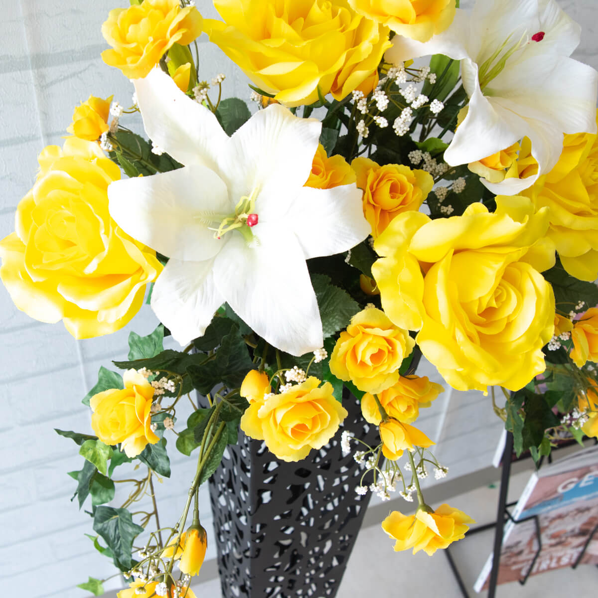 C造花スタンド花 H約100cm 開店祝い お祝い立札無料 インテリア おしゃれ 造花 開店花 お祝い花 住宅展示場 フラワーアレンジメント モデルハウス フラワースタンド