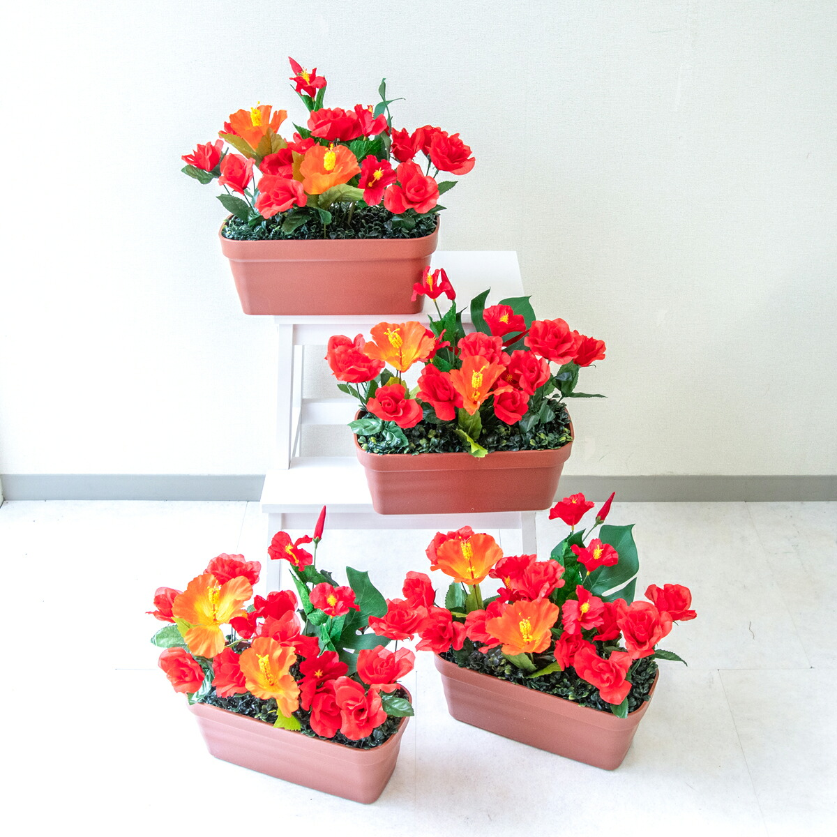 造花プランター フラワープランター 御花申し合わせ フェイクグリーン バス発着場かざり付ける 見せびらかす 懐鉄砲店 工事一こま 住み処見せびらかす場 モデルハウス ショウルーム 夏かざり付ける マルチ色つや/PF639-MINI 造花ミニプランター(ハイビスカス・さくら色)/4個書き割り
