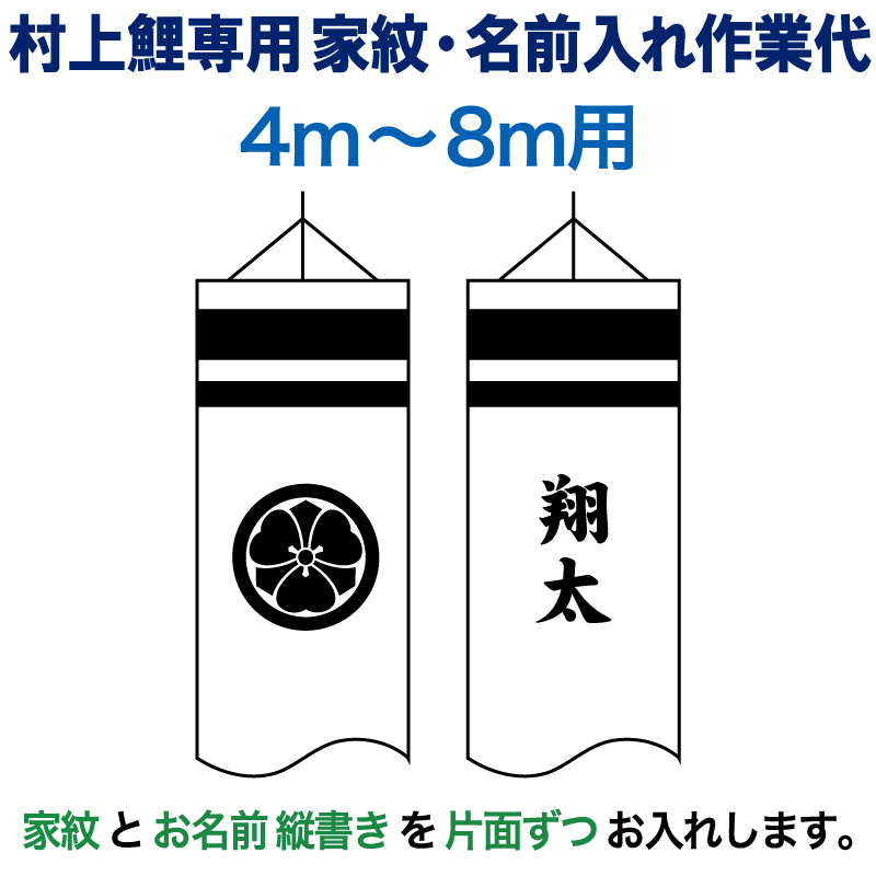 【100周年記念セール★先着クーポン】こいのぼり 村上鯉 鯉のぼり 4m～8m 用 家紋1種(片面) 名前1種(片面) M-6 縦書き 村上鯉専用 家紋・名前入れ作業代 mk-kamon-m6-4-8