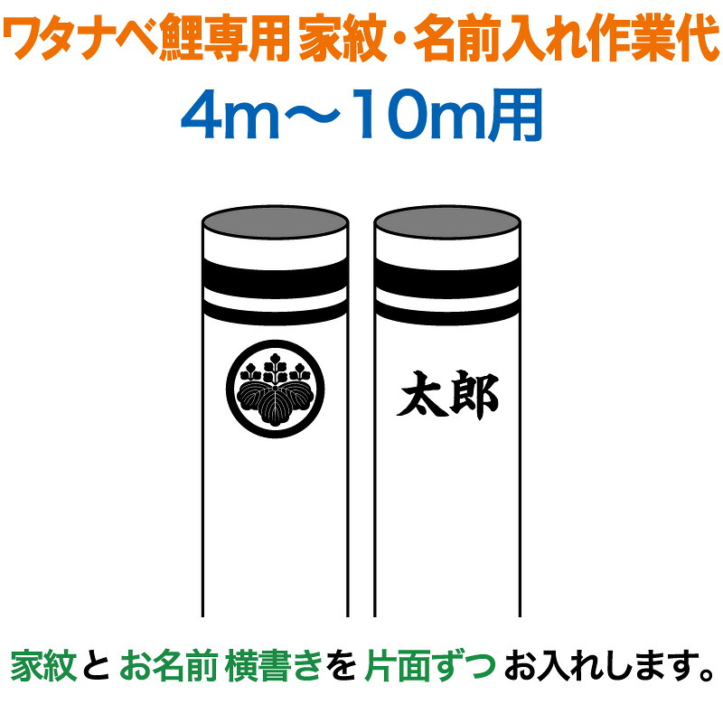 【100周年記念セール★先着クーポン】こいのぼり ワタナベ 鯉のぼり 10m～4m用 家紋1種 名前横書き(片面ずつ) 家紋・名前入れ作業代 ワタナベ鯉専用 【2026年度新作】 wtk-kamon-10-knb