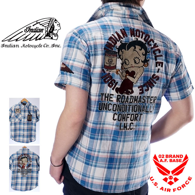 アウトレット!!インディアンモトサイクル ベティブープコラボ チェック 半袖シャツ メンズ INDIAN MOTOCYCLE Betty Boop bbi-926｜02BRAND ゼロツーブランド