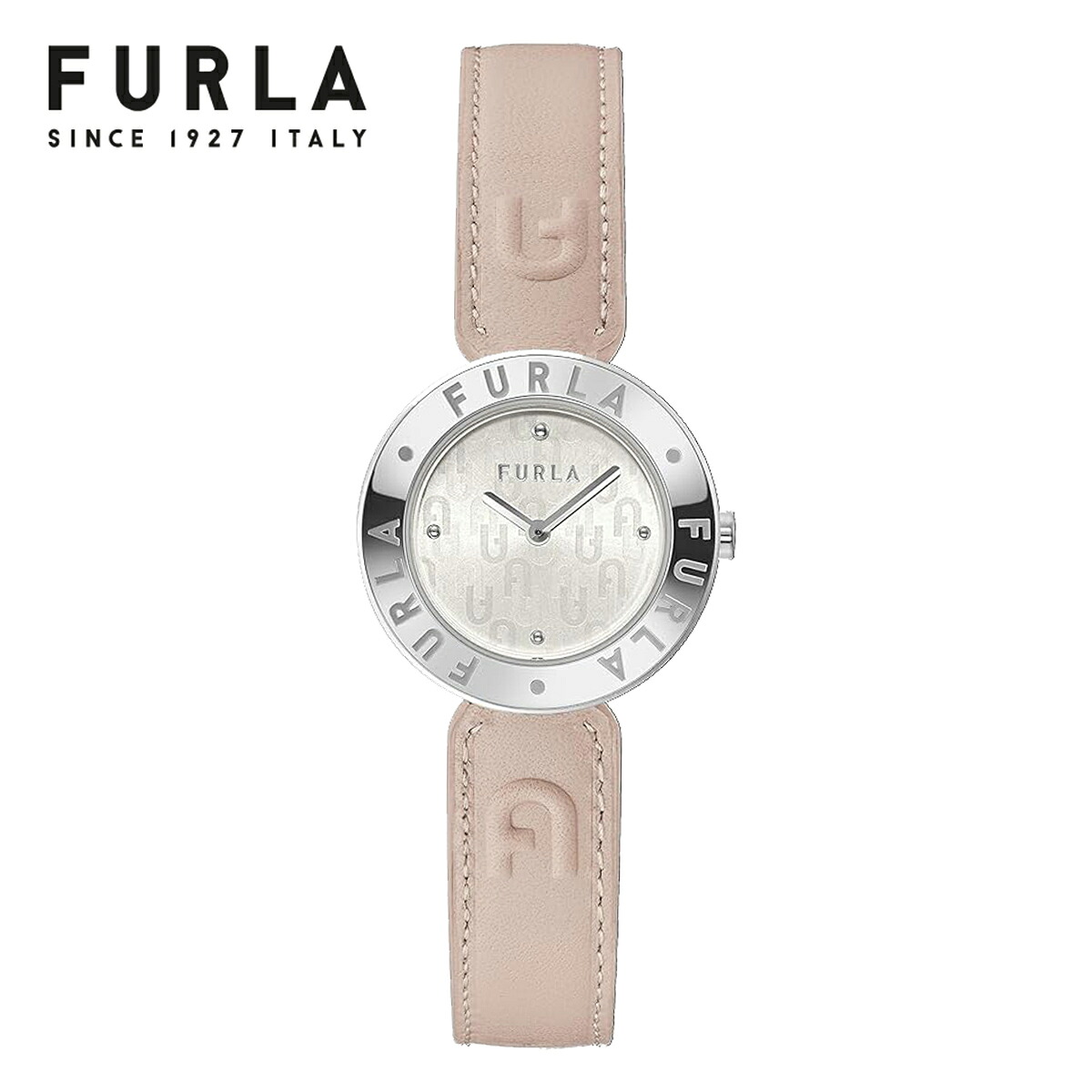 FURLA レディースウォッチ 女性用腕時計 レザー 革 ベルト フルラ エッセンシャル アナログ アーチロゴ シンプル 仕事用 スーツ ビジネス ピンクベージュ くすみピンク シルバー 丸形 ラウンドデザイン