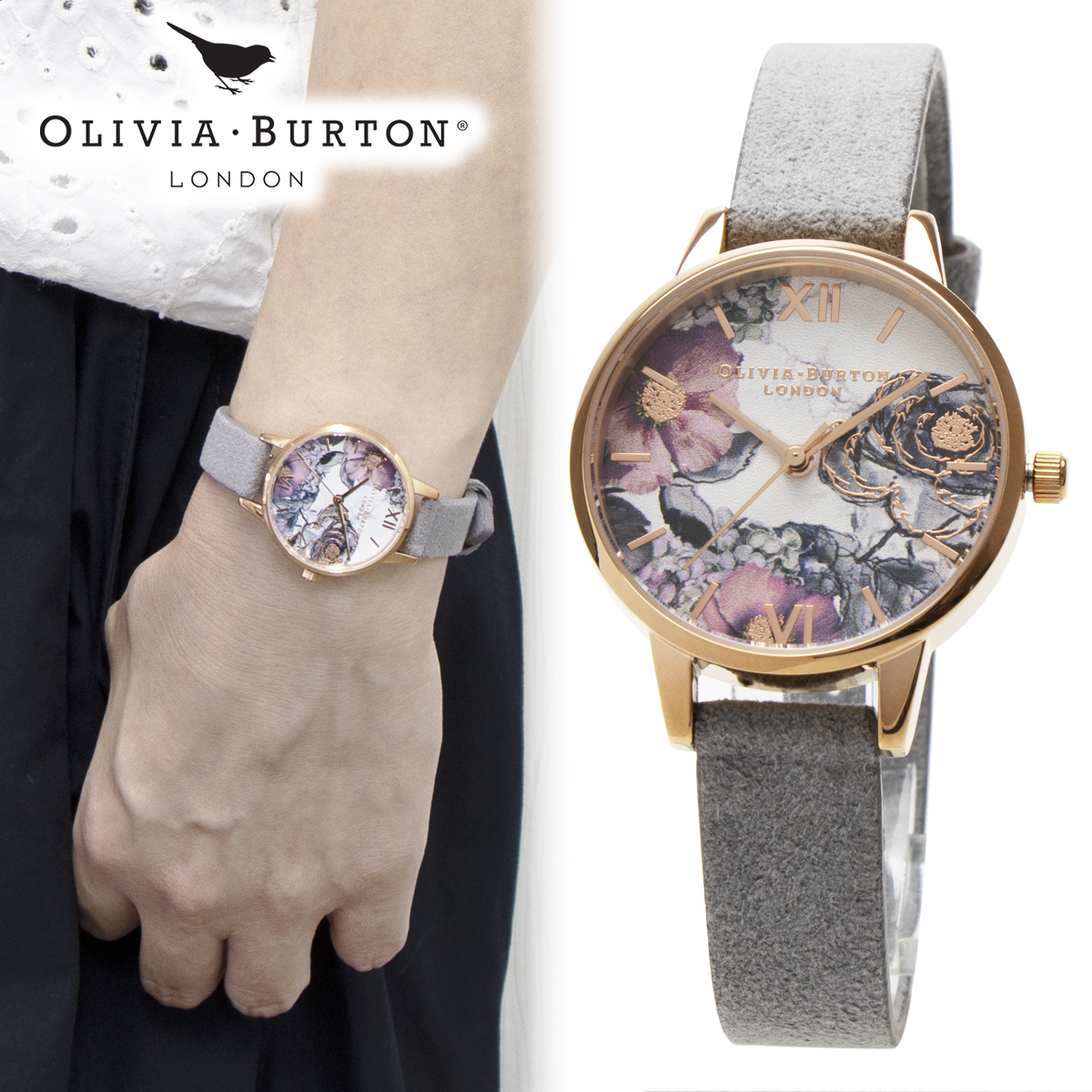 楽天市場 ラッピング無料 電池交換無料 返品ok ギフト オリビアバートン Olivia Burton 腕時計 レディース 時計 花柄 エコフレンドリー Ob16vm24 グレー レザーベルト ウォッチ 女性 本革 革ベルト フラワー 花 Midi フェミニン ガーリー エレガント ０３８ｎｅｔ