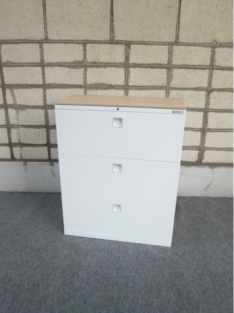 【中古品】オカムラ レクトライン H1115 ３段ラテラルキャビネット 天板付 書庫 鍵1個付き