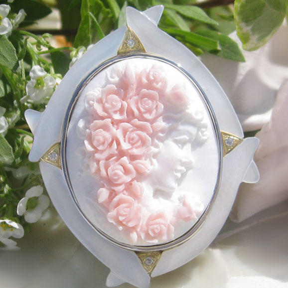 Raffaele Pernice作 コンクシェル カメオ 天然ダイヤモンド0.04ct 白蝶貝 K18 SILVER ペンダント ブローチ【美しい薔薇の髪飾り】|千年ジュエリー