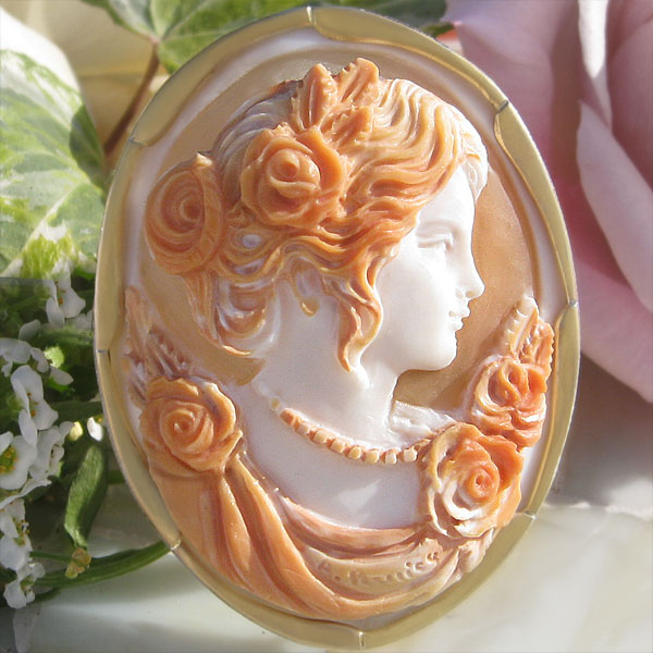 Maestro Aniello Pernice作 コルネリアン シェル カメオ K18 SILVER ペンダント ブローチ 【可憐な女神フローラ FLORA】