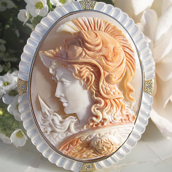 希少作品 Ciro Accanito作 コルネリアン シェル カメオ 天然ダイヤモンド0.04ct 白蝶貝 K18 SILVER ペンダント ブローチ 【不敗の闘神アレス】 86,900円