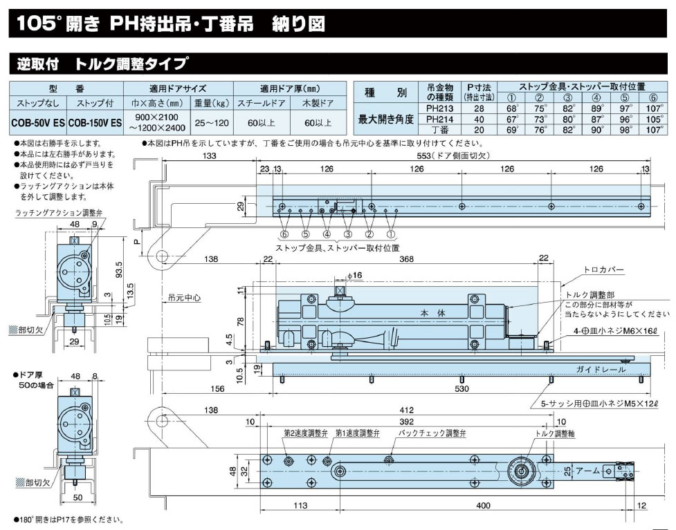 買物 リョービ ドアチェック<br >COU-53 中心吊 110°開き 逆取付 ad