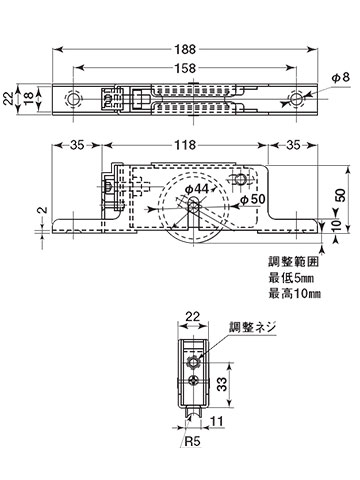 楽天市場】重量横調整戸車22型 ヨコヅナ TMS-Y501/2/9 丸型/平型/V型