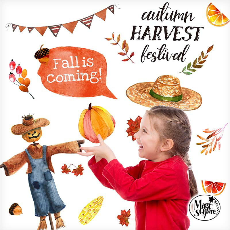 楽天市場 ウォールステッカー 秋 収穫祭 ハロウィン オータムハーベスト 貼ってはがせる 壁 シール 壁紙 カントリー 木 飾りつけ 飾り かぼちゃ 受注印刷 ウォールステッカーのスクウェア