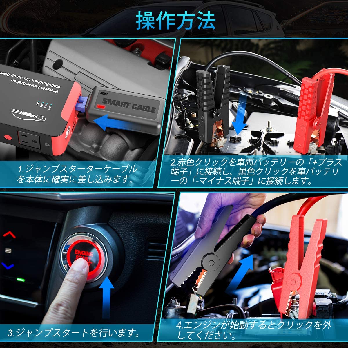 楽天市場 Yaber ジャンプスターター Ac電源使用可 200mah 00aピーク電流 12v車用バッテリー充電器 大容量 エンジンスターター Dc出力対応 8lディーゼル車 モバイルバッテリーtype Cケーブル付き パソコン スマホ タブレット 急速充電 Ledライト搭載 日本語取扱説明