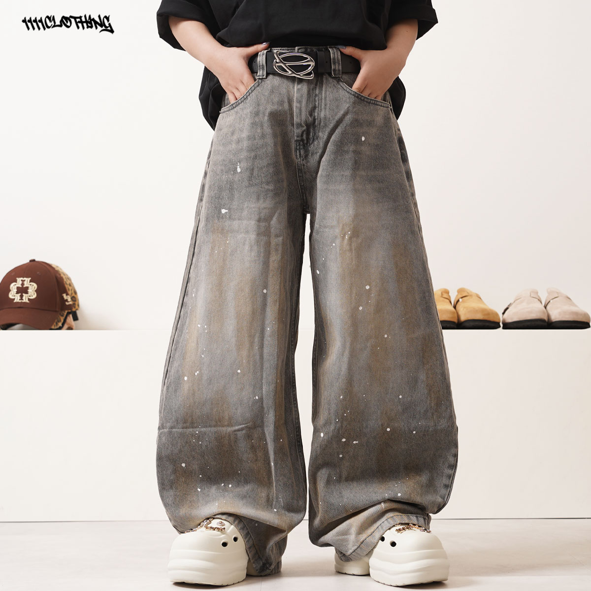 バレルレッグ パンツ メンズ バルーンパンツ レディース デニム ワイドパンツ ジーンズ ペイント グレー バレルパンツ ペンキ加工 ボトムス S M L XL 春 夏 秋 冬 韓国ファッション ストリート系 ブランド ストリートファッション