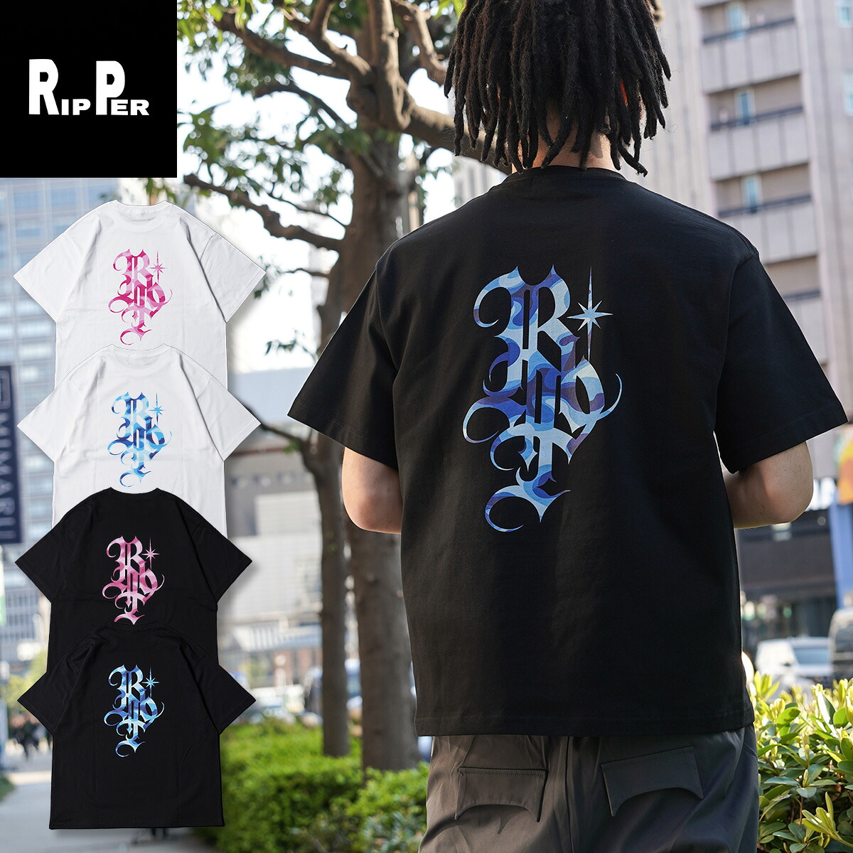RIPPER RP カモフラージュ 綿100 Tシャツ メンズ 半袖 バックプリント レディース トップス ショート丈 春 夏 韓国ファッション ストリート系 オリジナル ブランド ストリートファッション 短丈 ボックスシルエット ヒップホップ ダンス 衣装 迷彩柄 白 黒