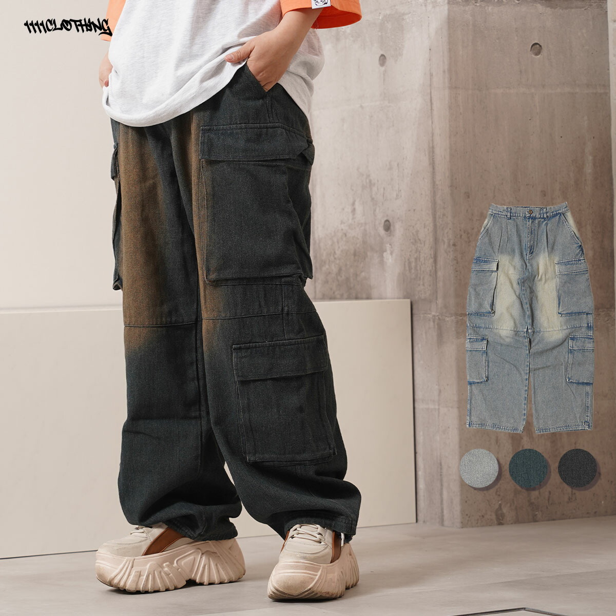 デニム カーゴパンツ メンズ ワイド カーゴパンツ レディース オーバーダイ パンツ ジーンズ 太め ボトムス ウエストゴム 紐 裾ドローコード 大きいサイズ 春 夏 秋 冬 おしゃれ 韓国 ファッション ストリート ブランド