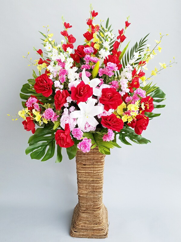 rt-zouka-030　枯れないお花　造花スクエアスタンド花75cm Ｌサイズ　色合いミックス系　開店・御祝・モデルルーム・ショールーム・パチンコ屋など　※15時までのご注文で宅急便で翌日お届け可能です｜飯島生花店