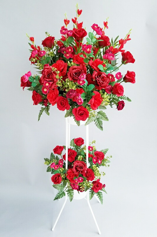 枯れないお花 造花スタンド花2段 色合いレッド系 地域限定商品 東京都下 神奈川 千葉 埼玉など近隣地域もokですが一度お問い合わせ下さい 開店 御祝 モデルルーム ショールーム パチンコ屋など Rt Zouka 010 円税込 楽ギフ 包装