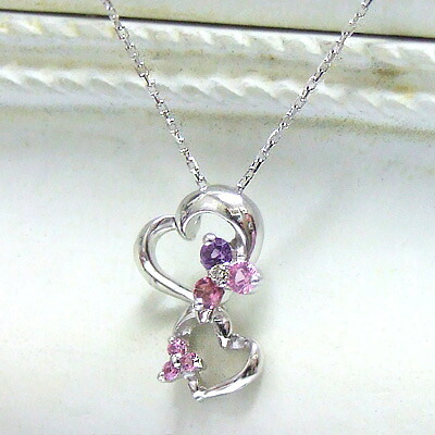 ネックレス ☆RomanticPrincess☆憧れのプリンセスに…!ハートにピンクグラデーションの天然石を散りばめた姫デザイン!K10ホワイトゴールド ネックレス ダイヤ アメシスト トルマリン ピンクサファイア プレゼント おしゃれ プレゼント アクセサリー|ジュエリー 11時のティータイム