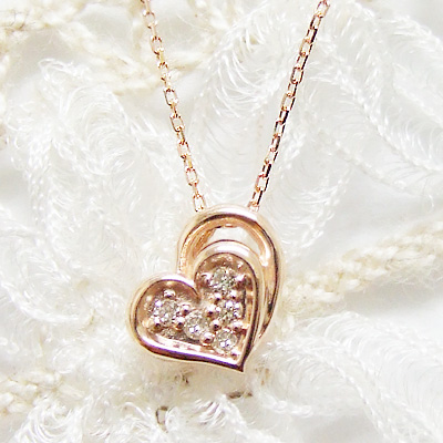 【楽天市場】-Love Heart-ダブルハートにダイヤモンドを敷き詰めて。0．02カラットのダイヤモンド、K10ピンクゴールドネックレス【4