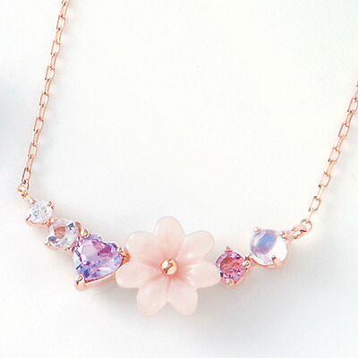 ネックレス -Happy Flower- お花やハートを並べた、とびっきりのデザイン！ 桃蝶貝.アメシスト.ピンクトルマリン… K10ピンクゴールドネックレス 【2.6.10.11月の誕生石】シンプル おしゃれ 母 彼女 嫁 母 妻 かわいい 可愛い 花 貝 記念日