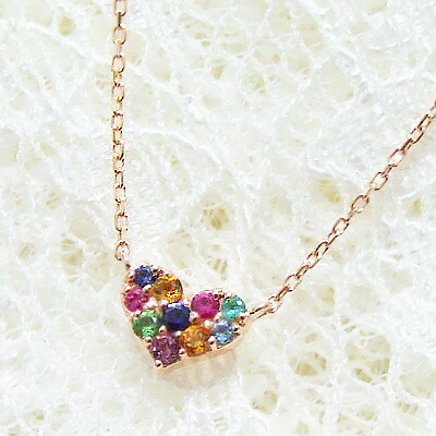 ネックレス ☆Rainbow☆虹色の天然石に願いを込めて‥☆小さめトップがさりげない魅力★ アミュレット『ハート』モチーフに敷きつめた天然石★ 小ぶりだけど確かな輝き‥！ K10ピンクゴールドネックレス おしゃれ プレゼント アクセサリー
