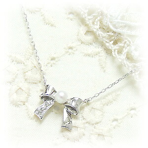 ネックレス ~Happy Closet~ Sweet Ribbon 質感たっぷりリボンの淡水パール&ホワイトトパーズネックレス K10ホワイトゴールド 10K 10金 WG レディース おしゃれ アクセサリー ジュエリー|ジュエリー 11時のティータイム