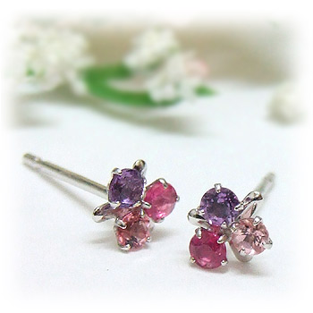ピアス ピアス ルビー グラデーションが綺麗！三色ピンクスミレピアス K14ホワイトゴールド 14金 WG 14K アメシスト ピンクトルマリン 2 7 10月の誕生石 送料無料 14k 14金 WG 天然石 おしゃれ プレゼント 女性 妻 彼女 ラッピング無料