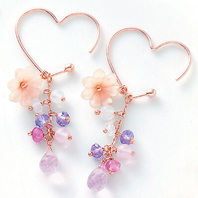 ピアス ピアス -Happy Flower- お花や天然石がシャラシャラ揺れて とびっきりのデザイン!桃蝶貝.アメシスト.ピンクトルマリン…K10ピンクゴールドピアス 【2.6.10.11月の誕生石】シンプル おしゃれ プレゼント|ジュエリー 11時のティータイム