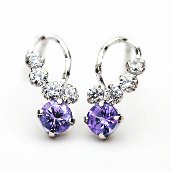 ピアス タンザナイト ピアス 着けただけでスペシャル気分…！ タンザナイトを大切に留めました。 くるくるラインにキュービックがキラリ Ｋ14ホワイトゴールドピアス 12月の誕生石 シンプル プレゼント 14金 14K WG レディース かわいい