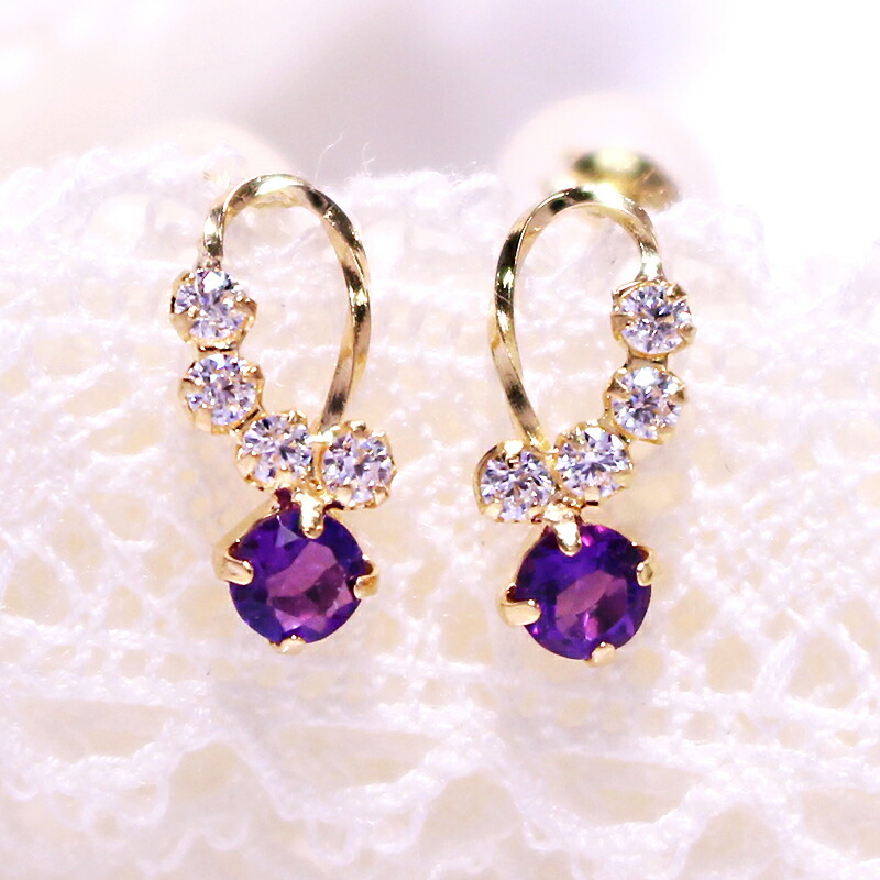 ピアス アメシスト ピアス 着けただけでスペシャル気分…! アメシストを大切に留めました。 くるくるラインにキュービックがキラリ K18ゴールドピアス 2月の誕生石 シンプル プレゼント 18金 18K レディース かわいい ラッピング無料