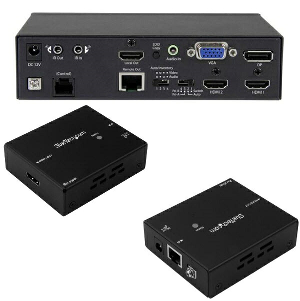 マルチビデオ入力対応HDBaseTエクステンダー延長器セット スイッチ機能内蔵 Cat5e/Cat6ケーブル使用DisplayPort/ VGA/ HDMI切替器 4K対応