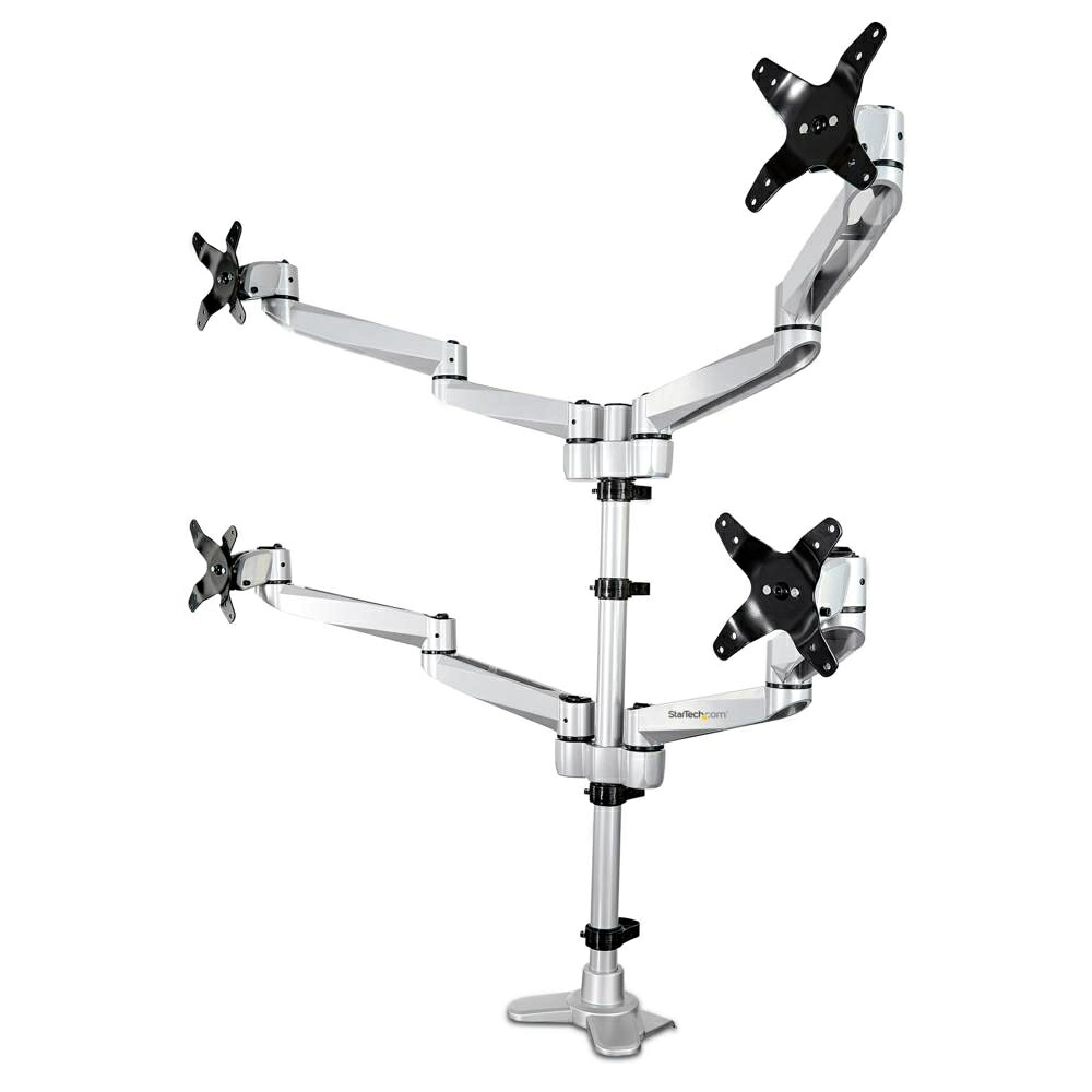4面液晶モニターアーム/VESA対応多関節プレミアムモニターマウント2x2(最大30インチ)/人間工学に基づいた高さ調節可能なポールマウント/回転、チルト、スイベル機能/Cクランプ、グロメット固定方式/シルバー|123market 店